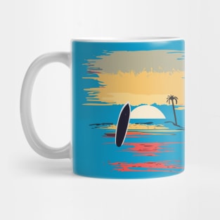 t-shirt design featuring a sunset over the ocean with a surfboard silhouette in the foreground, detailed illustration, and watercolor style. Mug